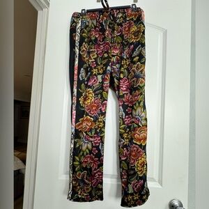 Johnny Was Silk Pull-On Drawstring Pants Black S Floral Butterfly